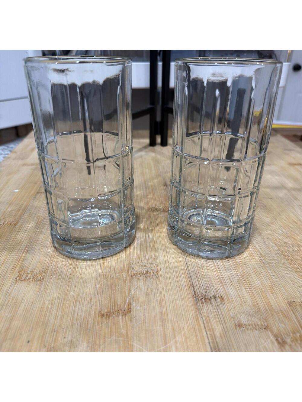 2 Vtg Anchor Hocking Tartan Clear Drinking Glasses 16 oz USA Excellent *